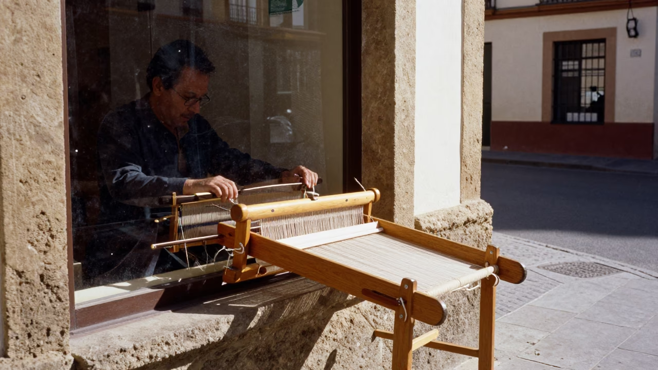 Seville Spain Early Afternoon Street Scene with Loom Shuttle and Dusty Window in in Seville, Spain