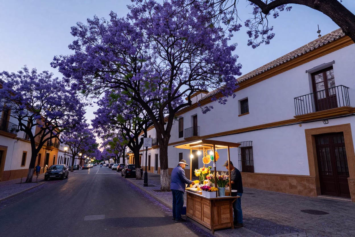 Seville Spain Early Evening Jacaranda Tree Purple Bloom Street Scene in in Seville, Spain