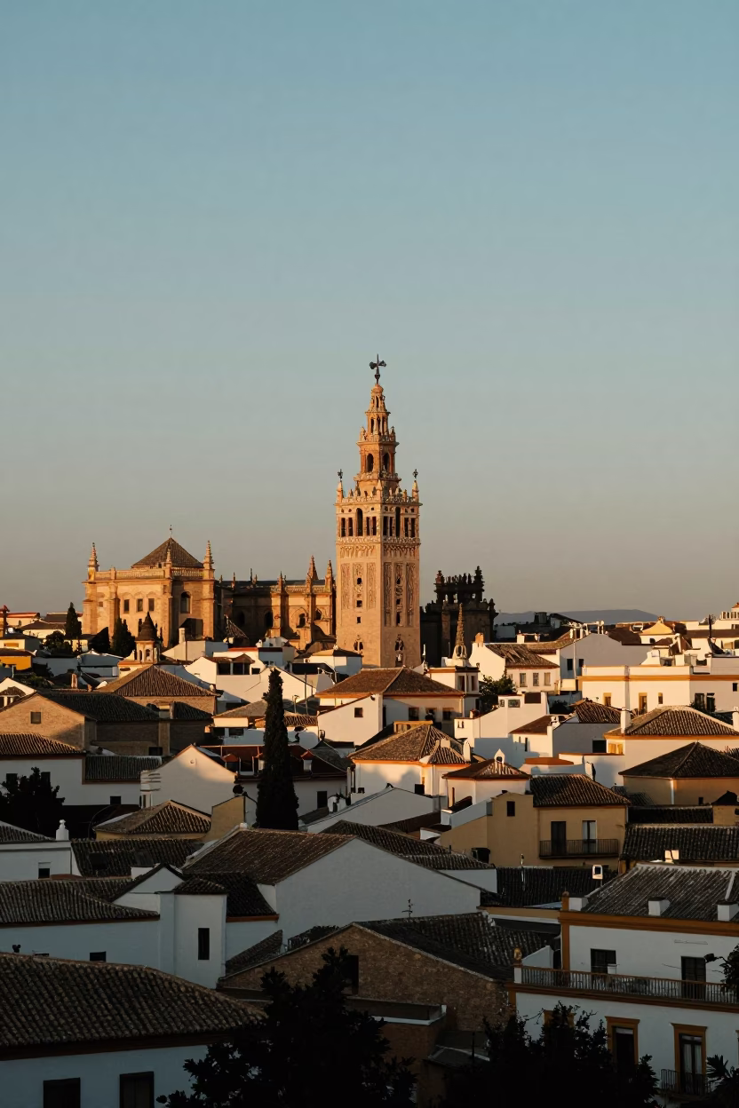 Seville Spain Early Evening Landscape Horizon Shot with Traditional Architecture and Local Street Life in in Seville, Spain