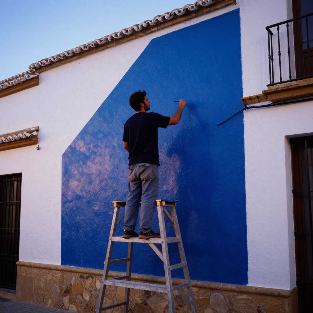 Seville Spain Early Evening Street Mural Painting Artist Local Interaction in in Seville, Spain