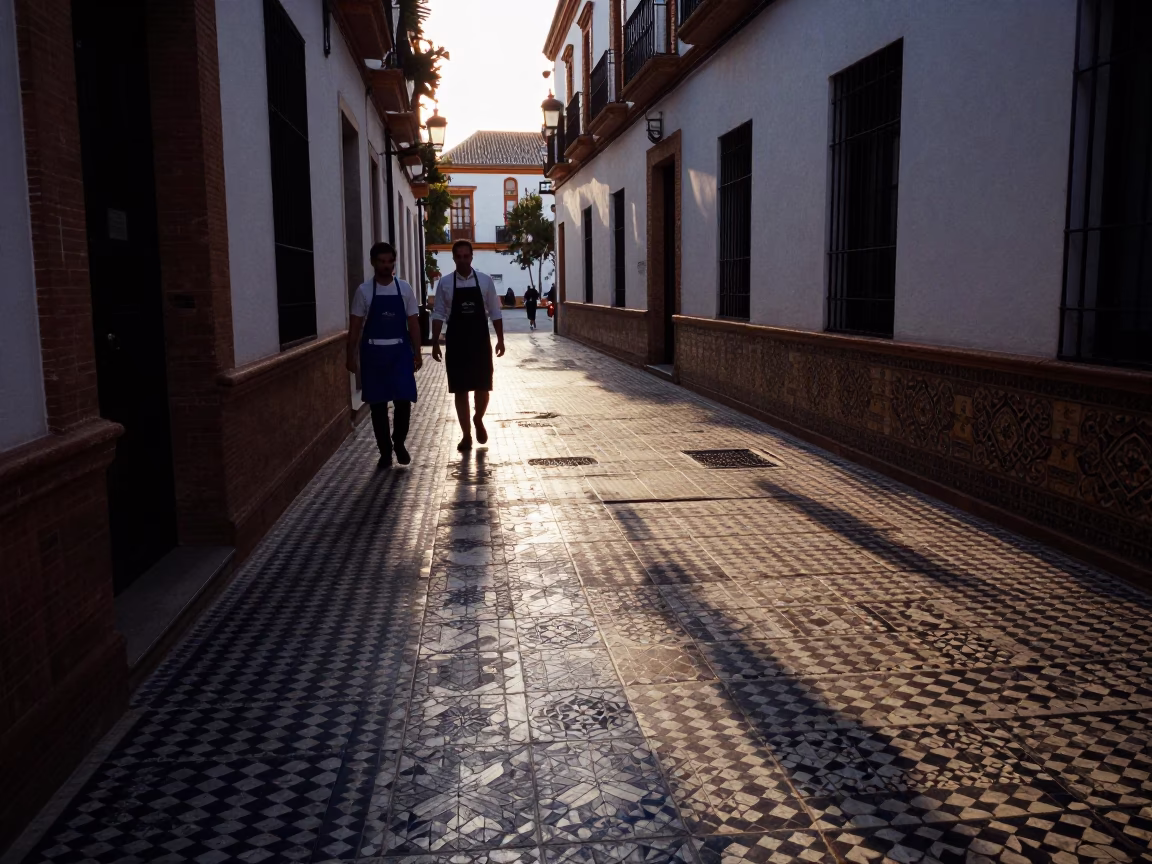 Seville Spain Early Evening Street Scene with Aprons and Tiled Floor Shadows in in Seville, Spain