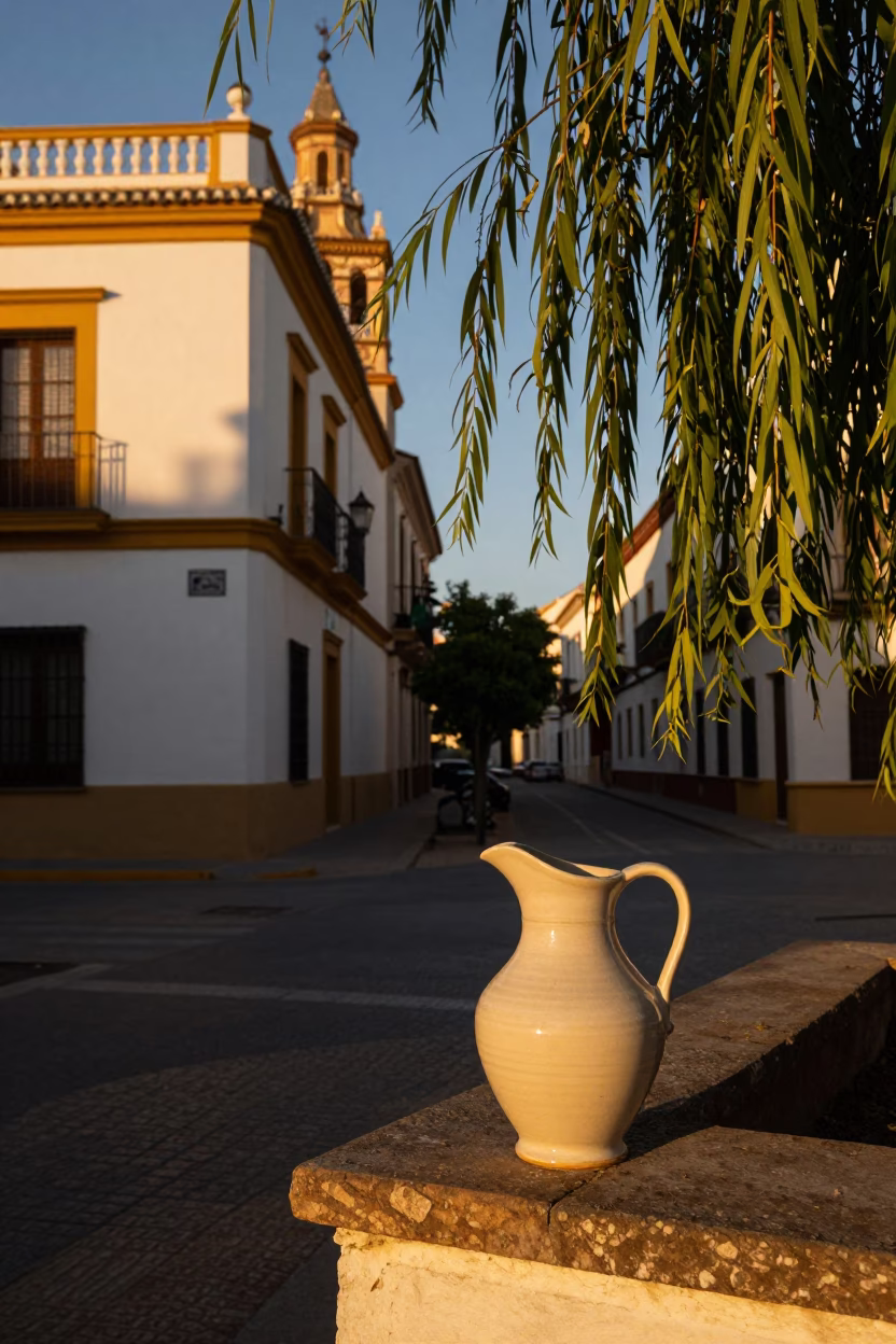 Seville Spain Early Evening Street Scene with Ceramic Pitcher and Willow Tree in in Seville, Spain