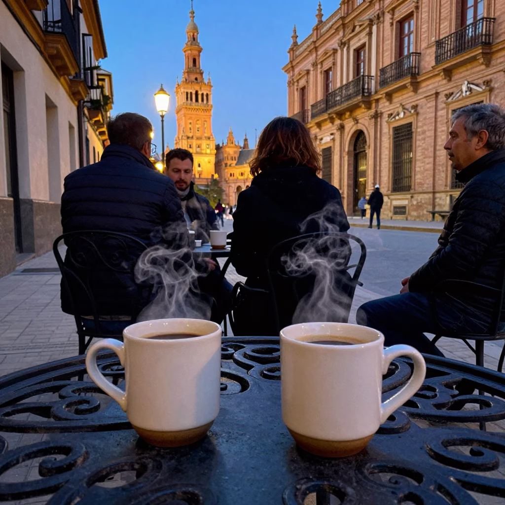 Seville Spain Early Evening Street Scene with Coffee Mugs and Linen Fringe Chair Detail in in Seville, Spain