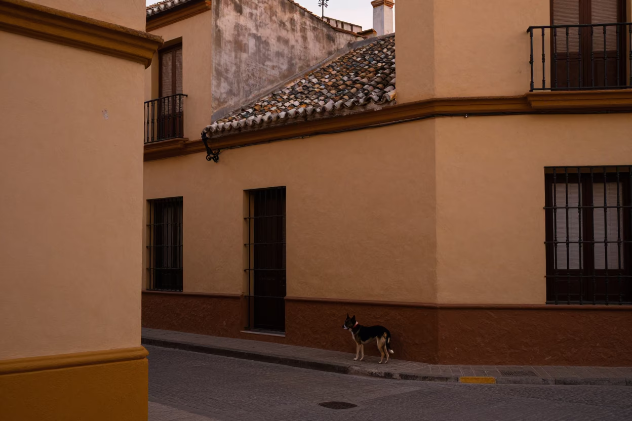 Seville Spain Early Evening Street Scene with Dog Near Traditional Architecture in in Seville, Spain