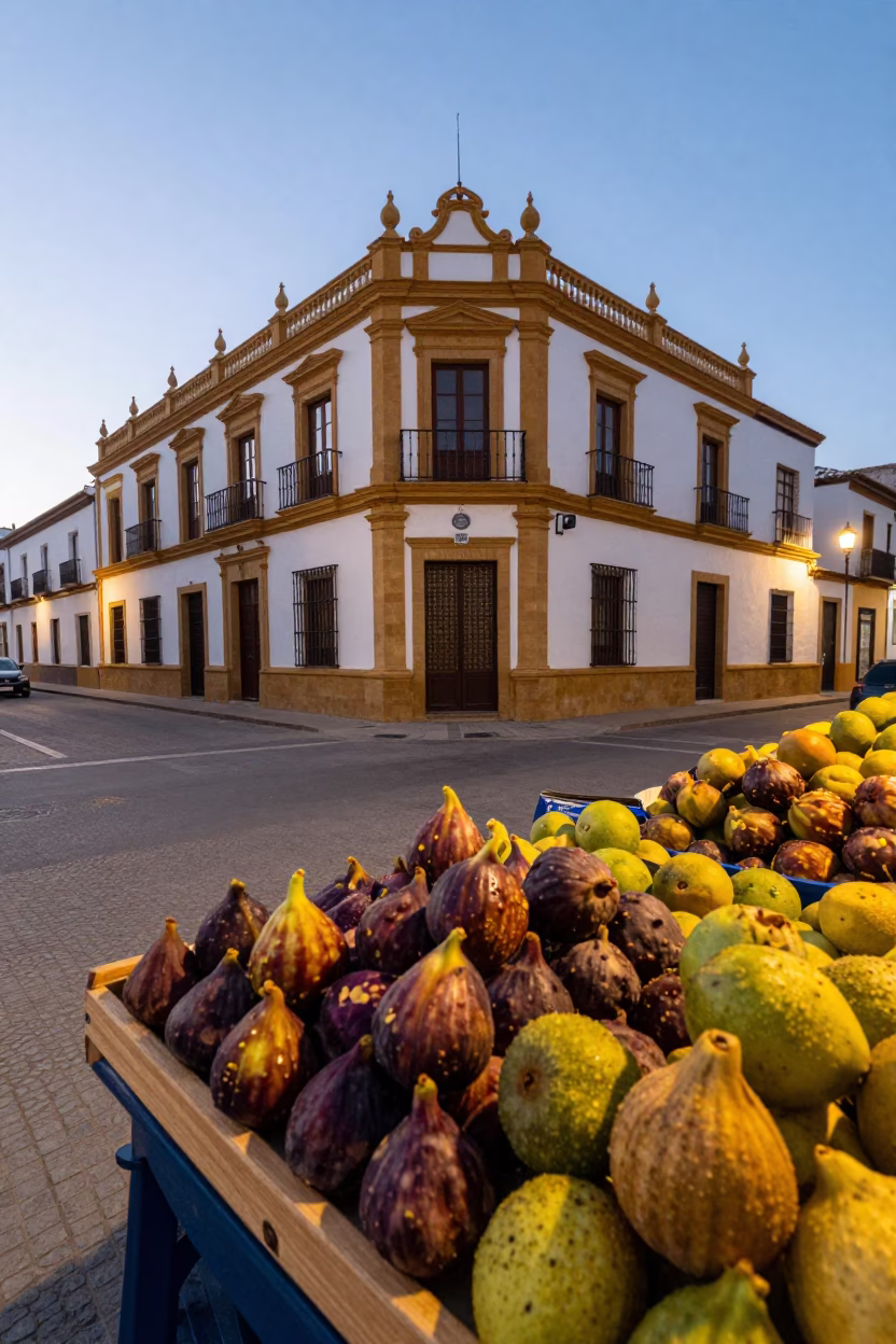 Seville Spain Early Evening Street Scene with Figs and Traditional Architecture in in Seville, Spain