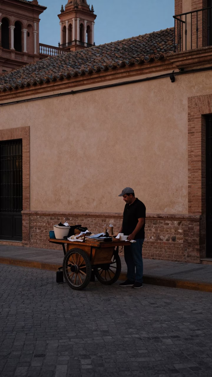 Seville Spain Early Evening Street Scene with Local Vendor and Vintage Details in in Seville, Spain