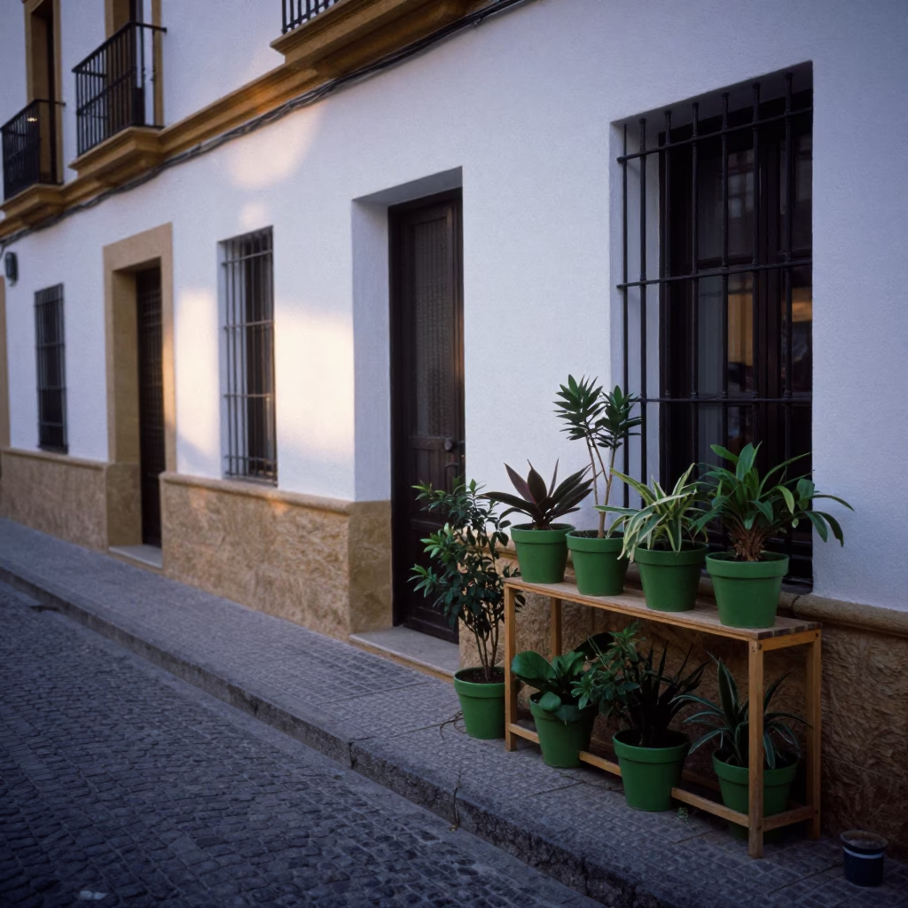 Seville Spain Early Evening Street Scene with Plant Pots and Sunlight in in Seville, Spain