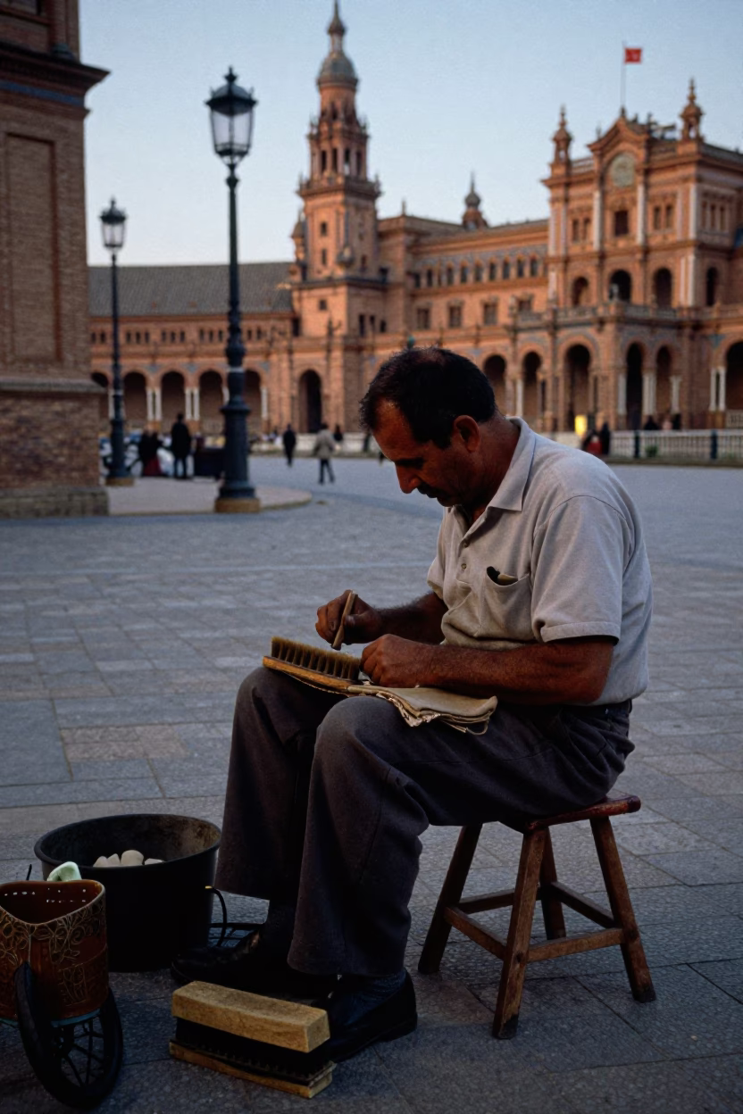 Seville Spain Early Evening Street Scene with Shoe Brush and Traditional Architecture in in Seville, Spain
