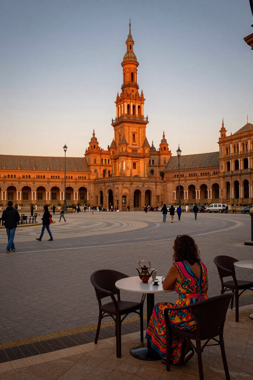 Seville Spain Early Evening Street Scene with Teapot and Local Life in in Seville, Spain