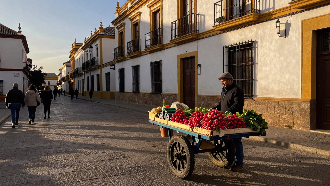 Seville Spain Early Evening Street Scene with Traditional Market Produce and Local Life in in Seville, Spain