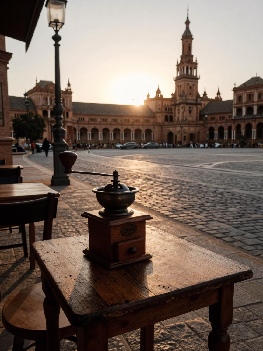 Seville Spain Early Evening Street Scene with Vintage Coffee Grinder and Local Life in in Seville, Spain