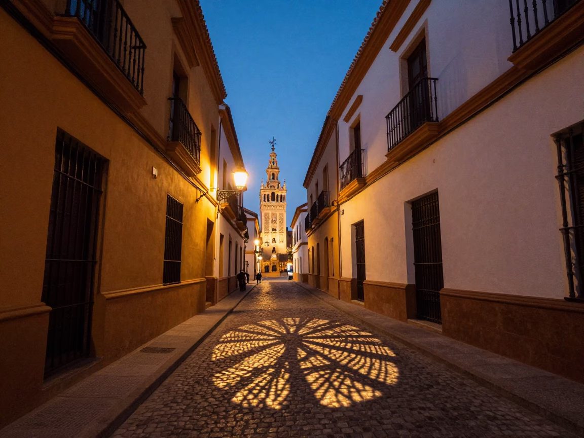 Seville Spain Early Evening Street Scene with Wicker Shadow and Iron Deadbolt Detail in in Seville, Spain
