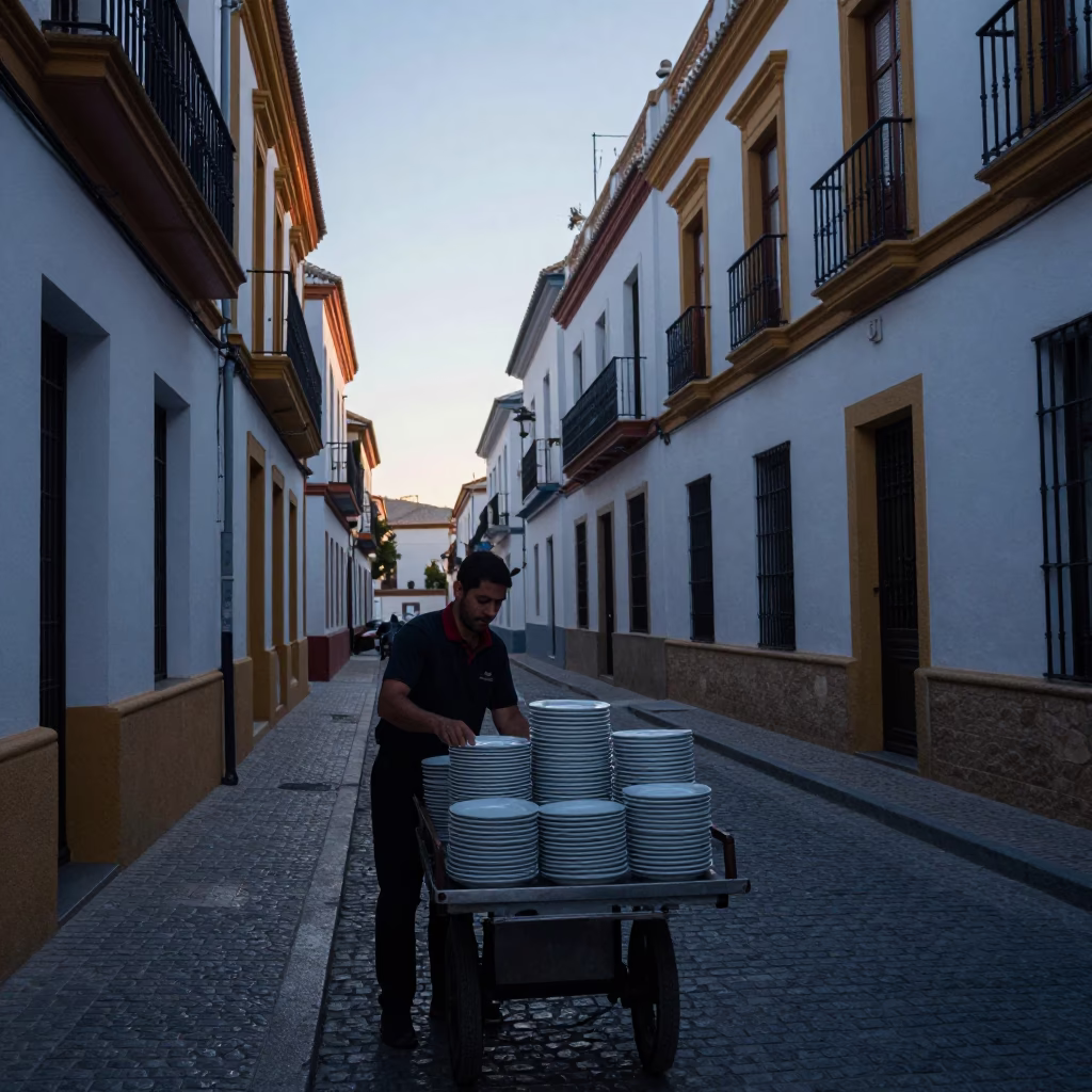 Seville Spain Early Morning Street Scene Before Sunrise with Traditional Cafe Elements in in Seville, Spain