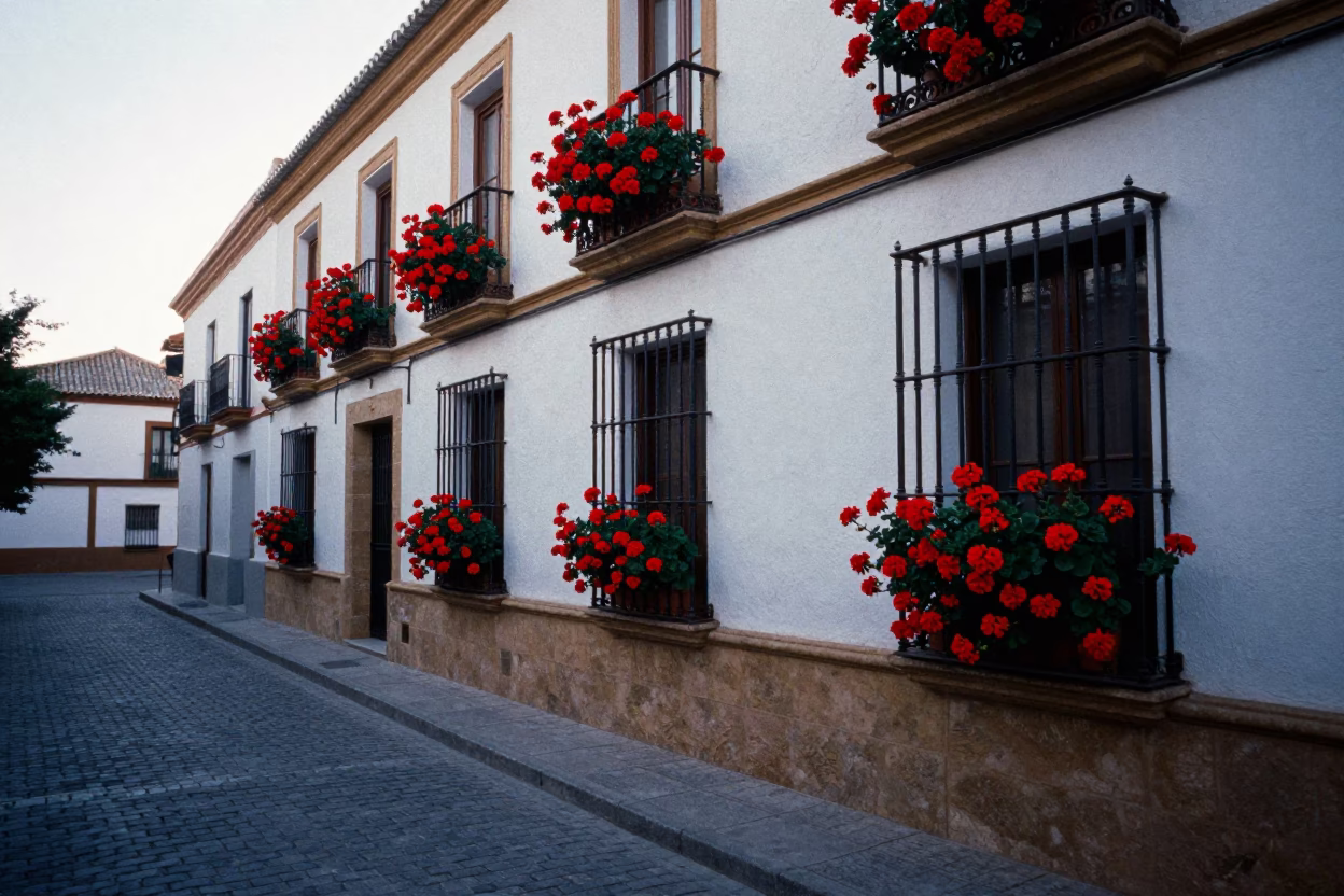 Seville Spain Early Morning Street Scene with Potted Geraniums and Lint in in Seville, Spain