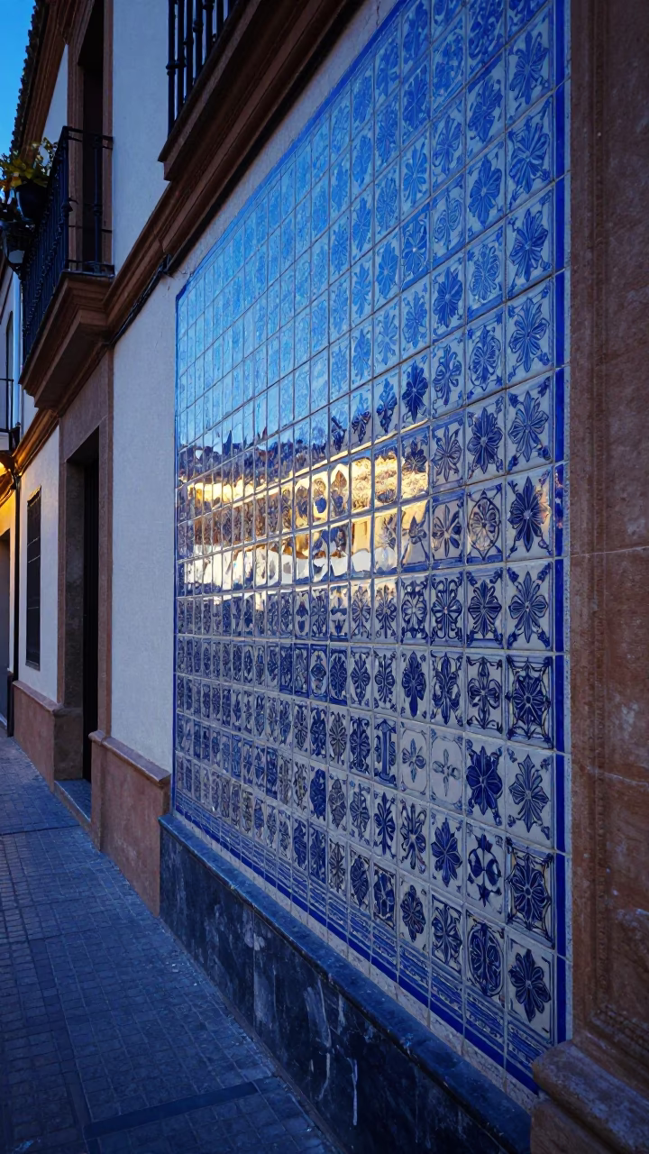 Seville Spain Evening Blue Hour Street Scene with Glossy Enamel Surfaces and Local Details in in Seville, Spain