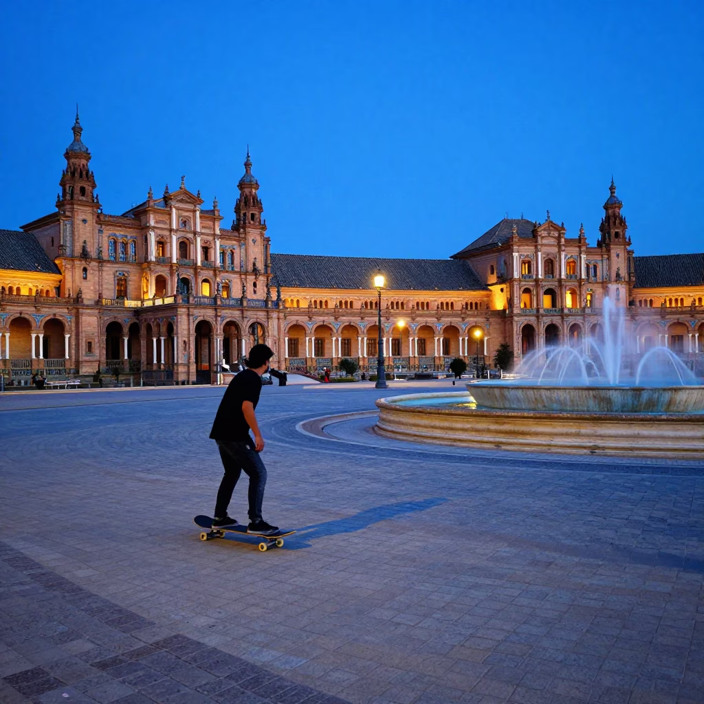 Seville Spain Evening Blue Hour Street Scene with Skateboarder and Local Plaza Details in in Seville, Spain