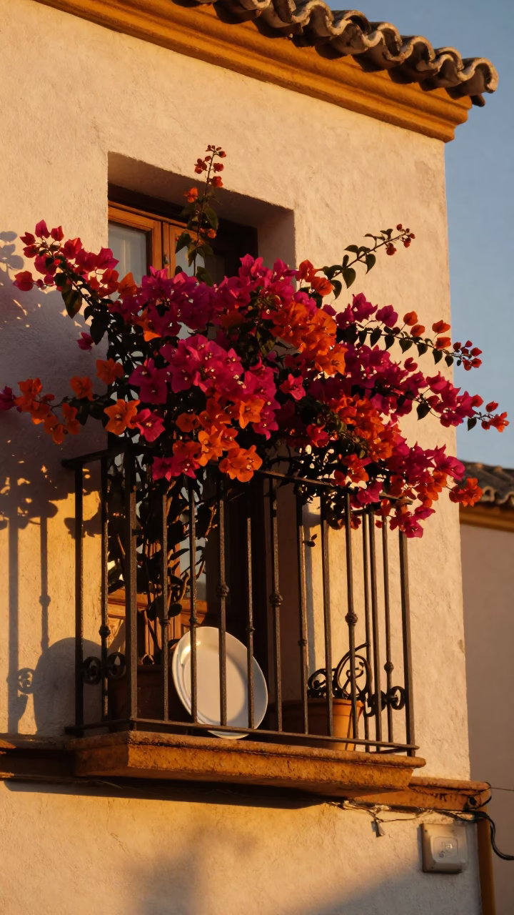 Seville Spain Evening Bougainvillea and Plate on Balcony in in Seville, Spain