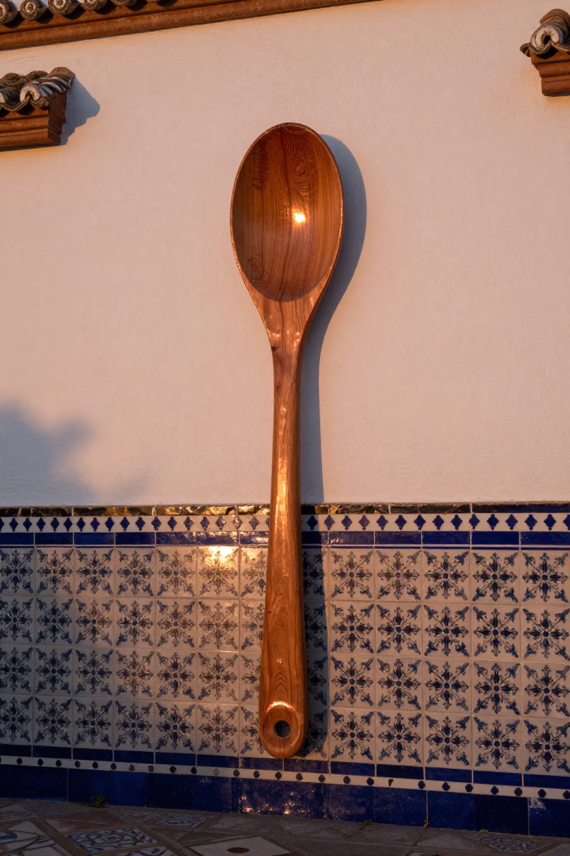 Seville Spain Evening Light Ceramic Tiles and Olive Wood Spoon in Traditional Courtyard in in Seville, Spain
