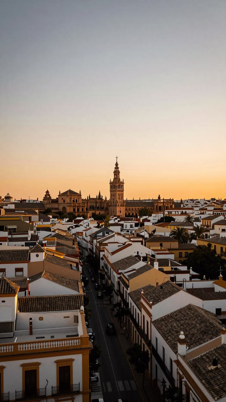 Seville Spain Evening Light Golden Hour Urban Landscape Architecture Street Scene in in Seville, Spain