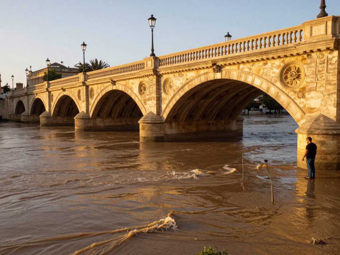 Seville Spain Evening Light River Bridge Pier Muddy Water and Nectarines Street Scene in in Seville, Spain