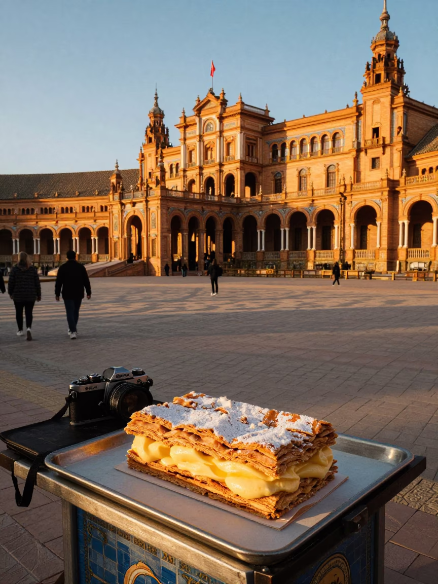 Seville Spain Evening Light Street Scene with Traditional Food and Architecture in in Seville, Spain