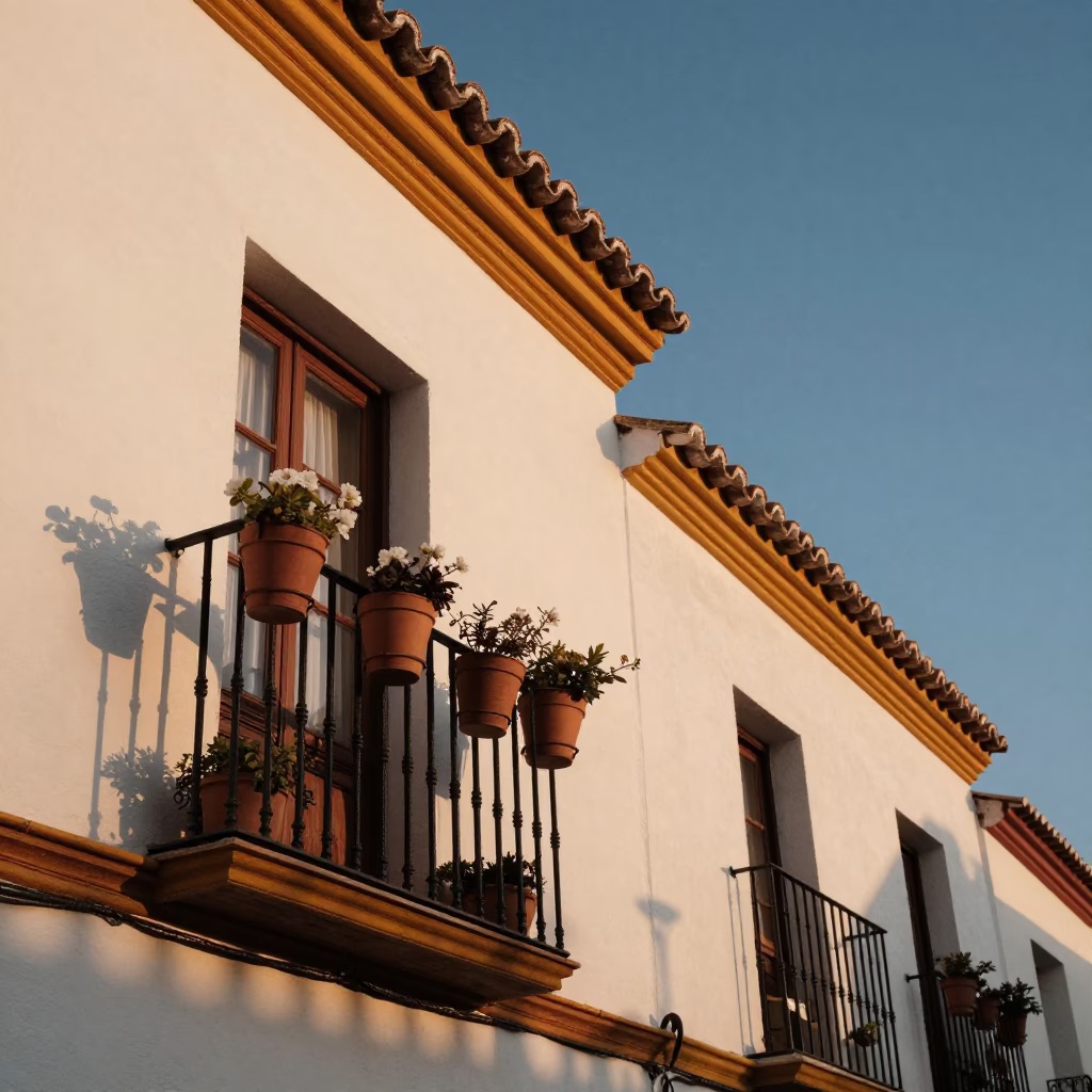 Seville Spain Evening Light Traditional Balcony with White Flowers and Ceramic Pots in in Seville, Spain