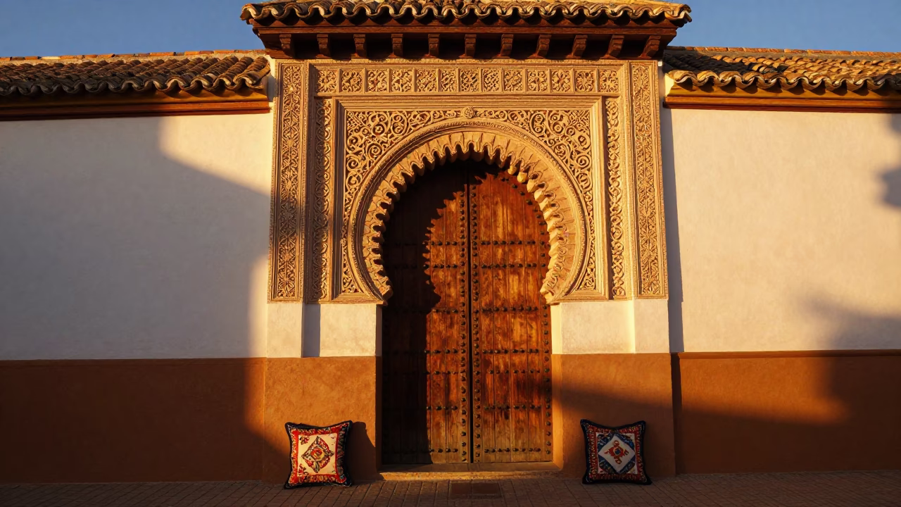 Seville Spain Evening Light Traditional Doorframe and Embroidered Cushion Detail in in Seville, Spain