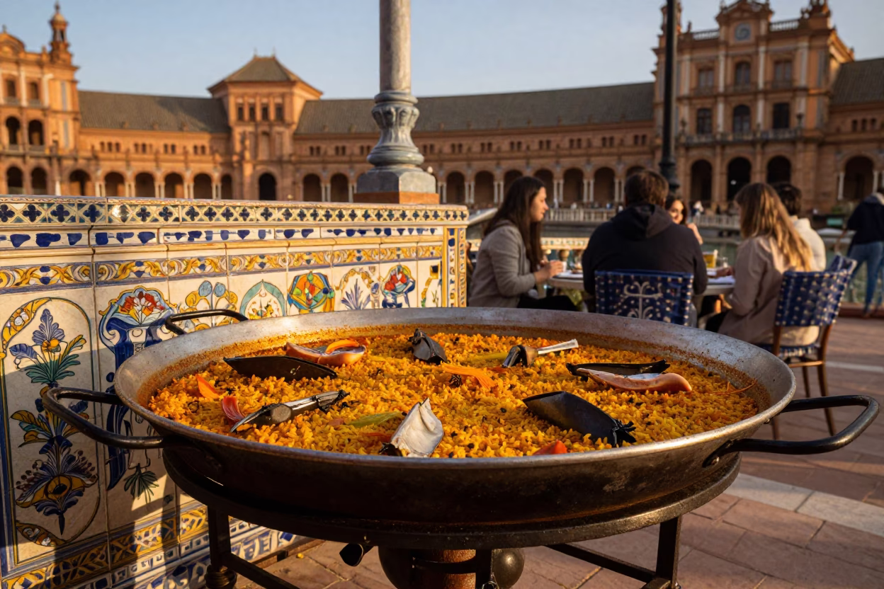 Seville Spain Evening Paella Feast in Plaza de España in in Seville, Spain
