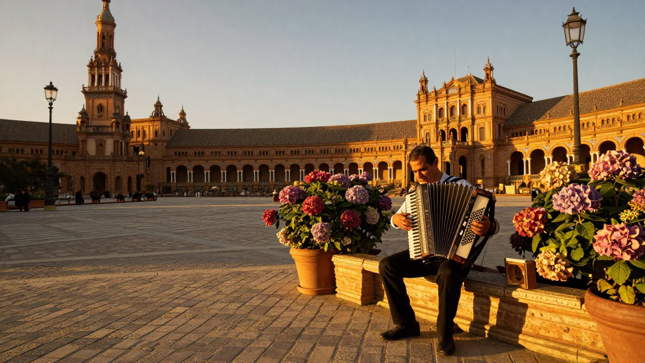 Seville Spain Evening Street Scene with Accordion Player and Hydrangeas in in Seville, Spain