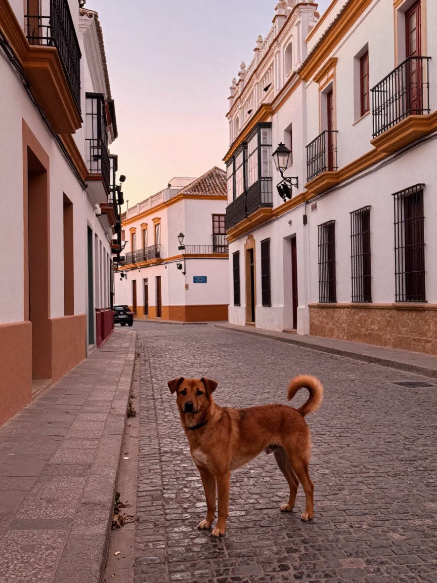 Seville Spain Evening Street Scene with Brown Dog and White Balconies in in Seville, Spain