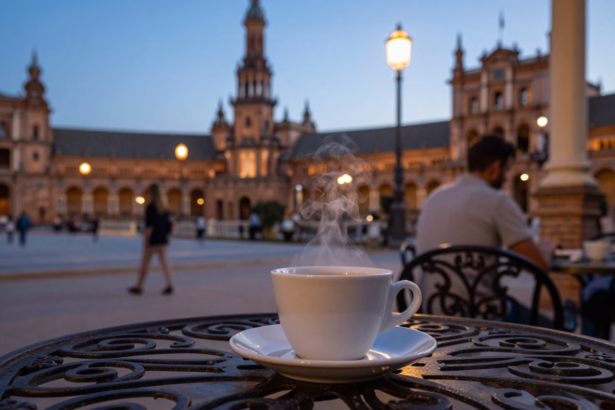 Seville Spain Evening Street Scene with Ceramic Cup and Hurricane Lamp in in Seville, Spain