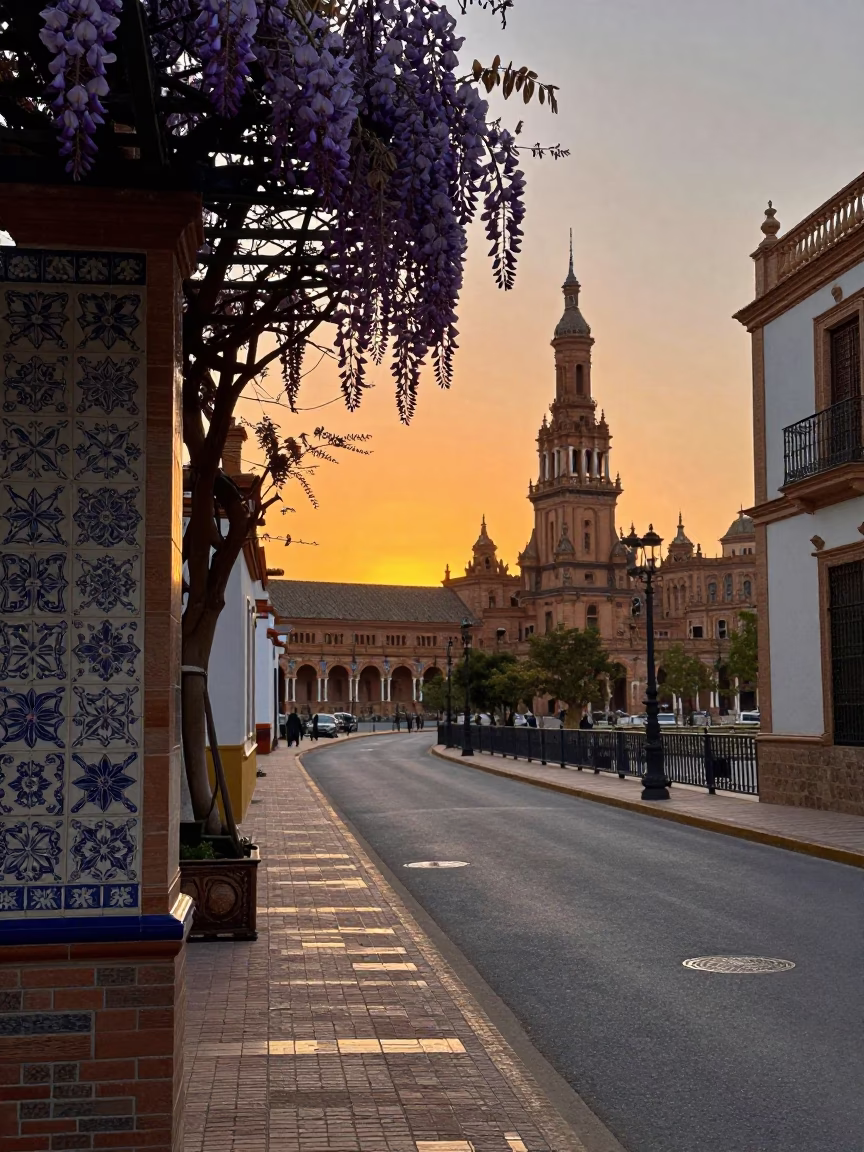 Seville Spain Evening Street Scene with Ceramic Tiles and Wisteria Pergola in in Seville, Spain