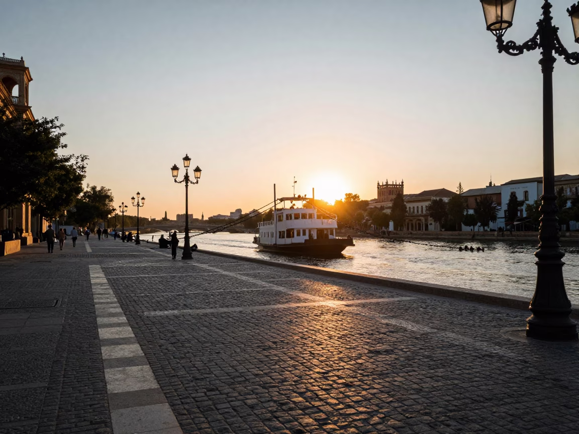 Seville Spain Evening Street Scene with Chain Ferry Crossing Guadalquivir River in in Seville, Spain