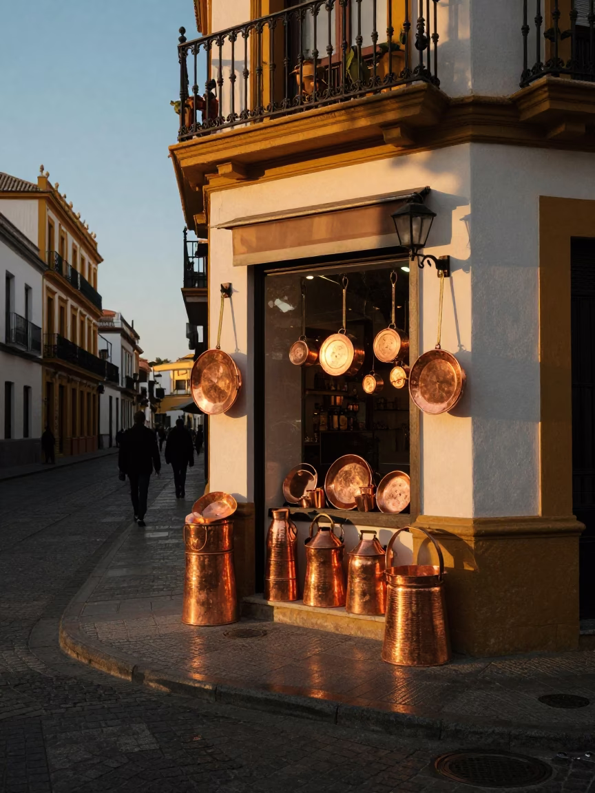Seville Spain Evening Street Scene with Copper Pots and Vintage Radio in in Seville, Spain