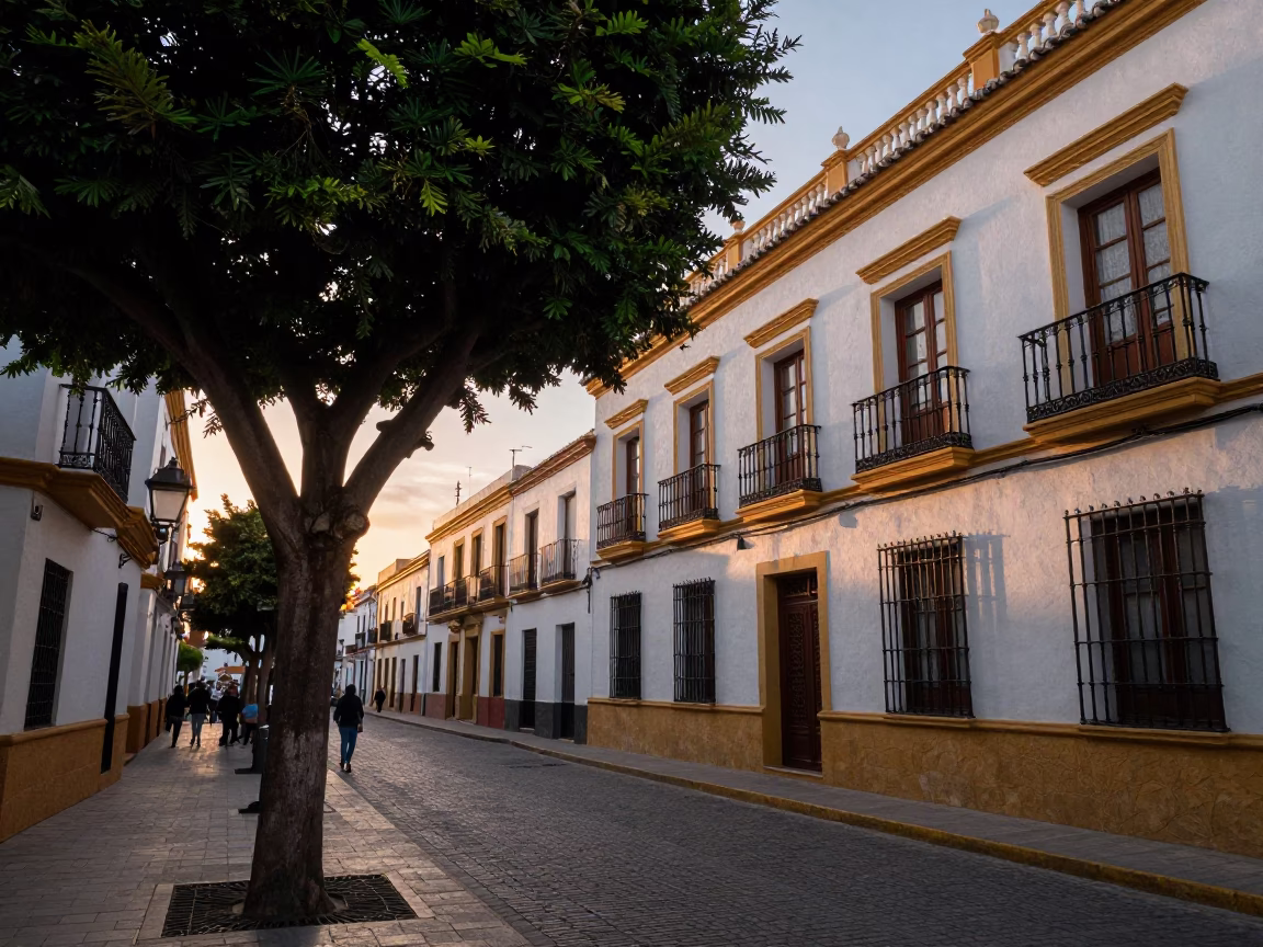Seville Spain Evening Street Scene with Fig Tree and Traditional Architecture in in Seville, Spain