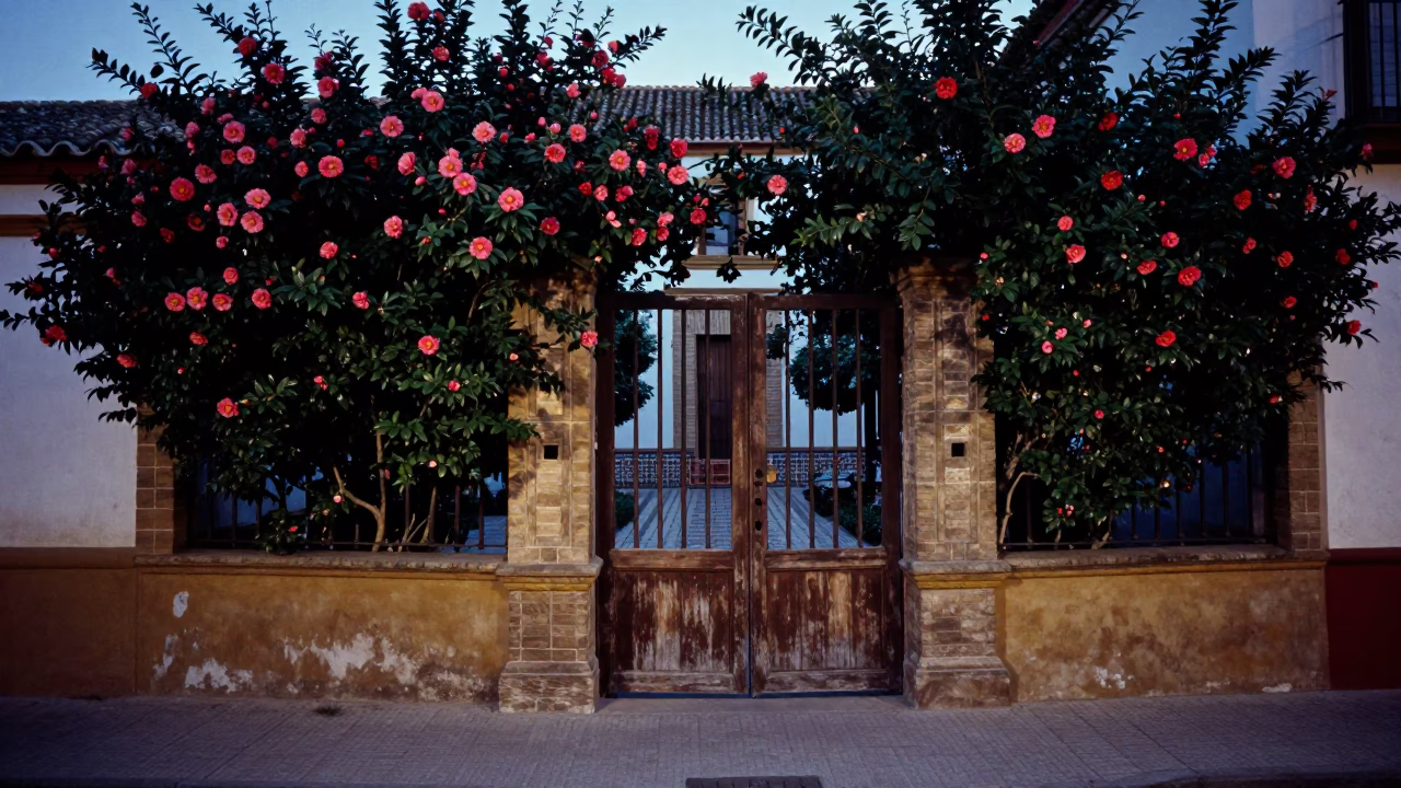 Seville Spain Evening Street Scene with Garden Gate and Camellia Bush in in Seville, Spain