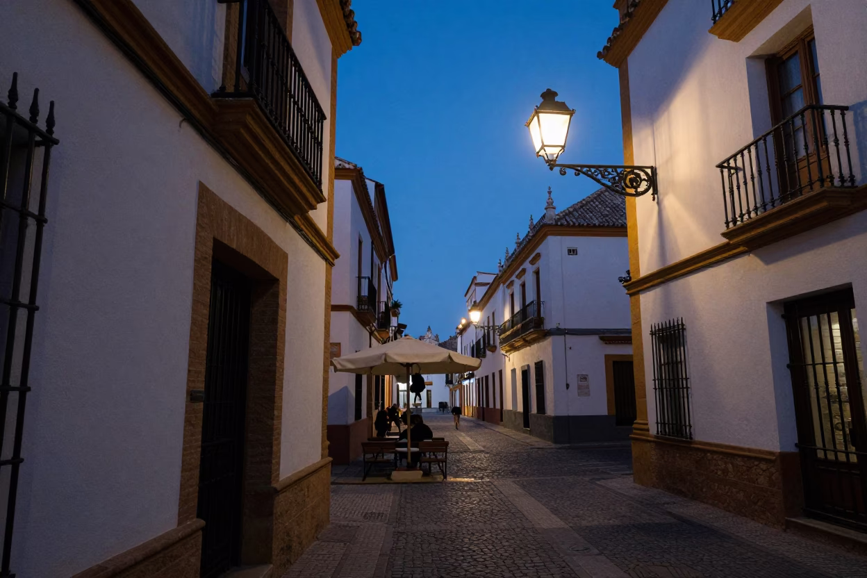 Seville Spain Evening Street Scene with Lantern and Umbrella Stand in in Seville, Spain