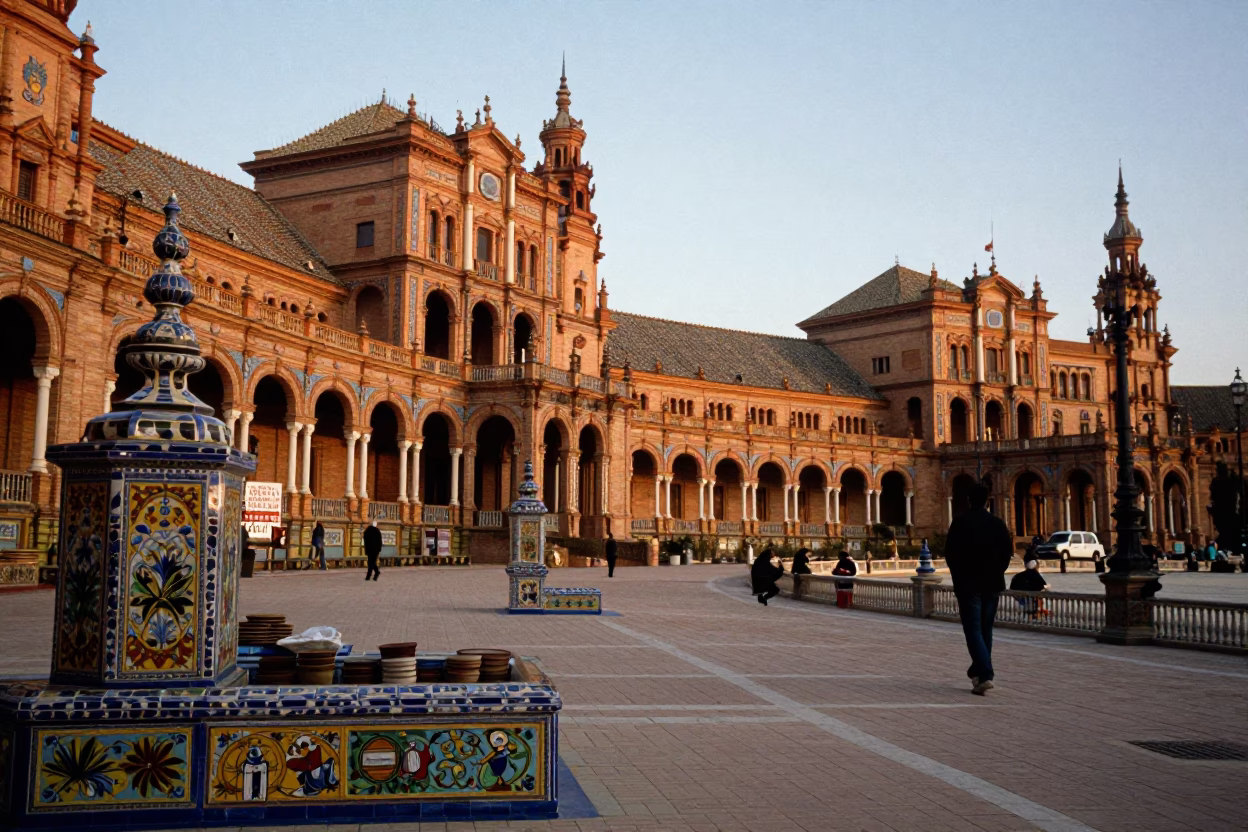 Seville Spain Evening Street Scene with Local Food and Artisan Craftsmanship in in Seville, Spain