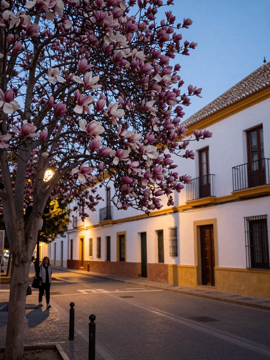 Seville Spain Evening Street Scene with Magnolia Tree Bloom and City Lights in in Seville, Spain