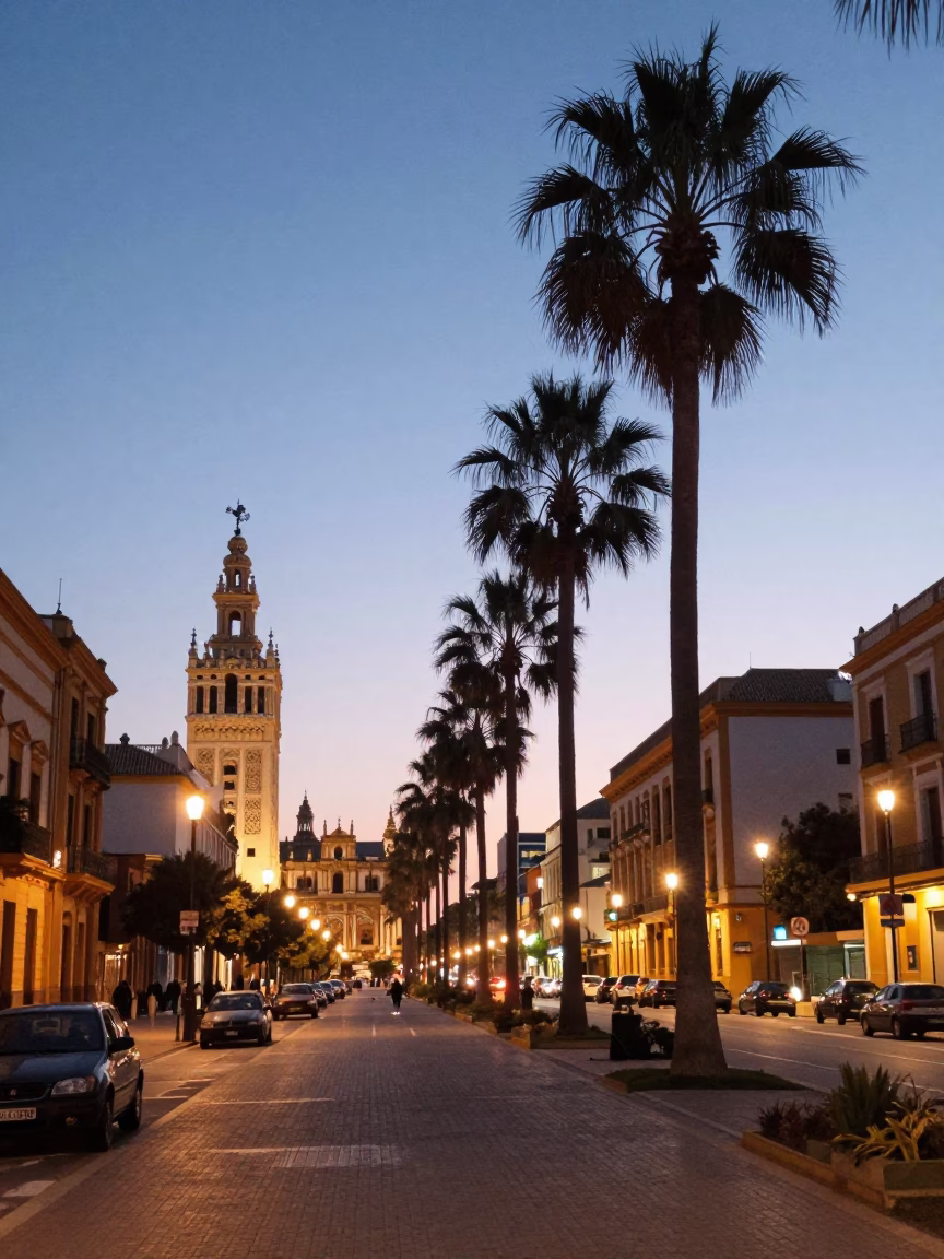 Seville Spain Evening Street Scene with Palm Tree Avenue and Local Diners Enjoying Bananas in in Seville, Spain