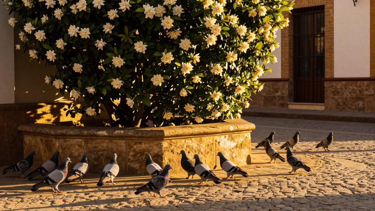 Seville Spain evening street scene with pigeons and gardenia bush in honeyed light in in Seville, Spain