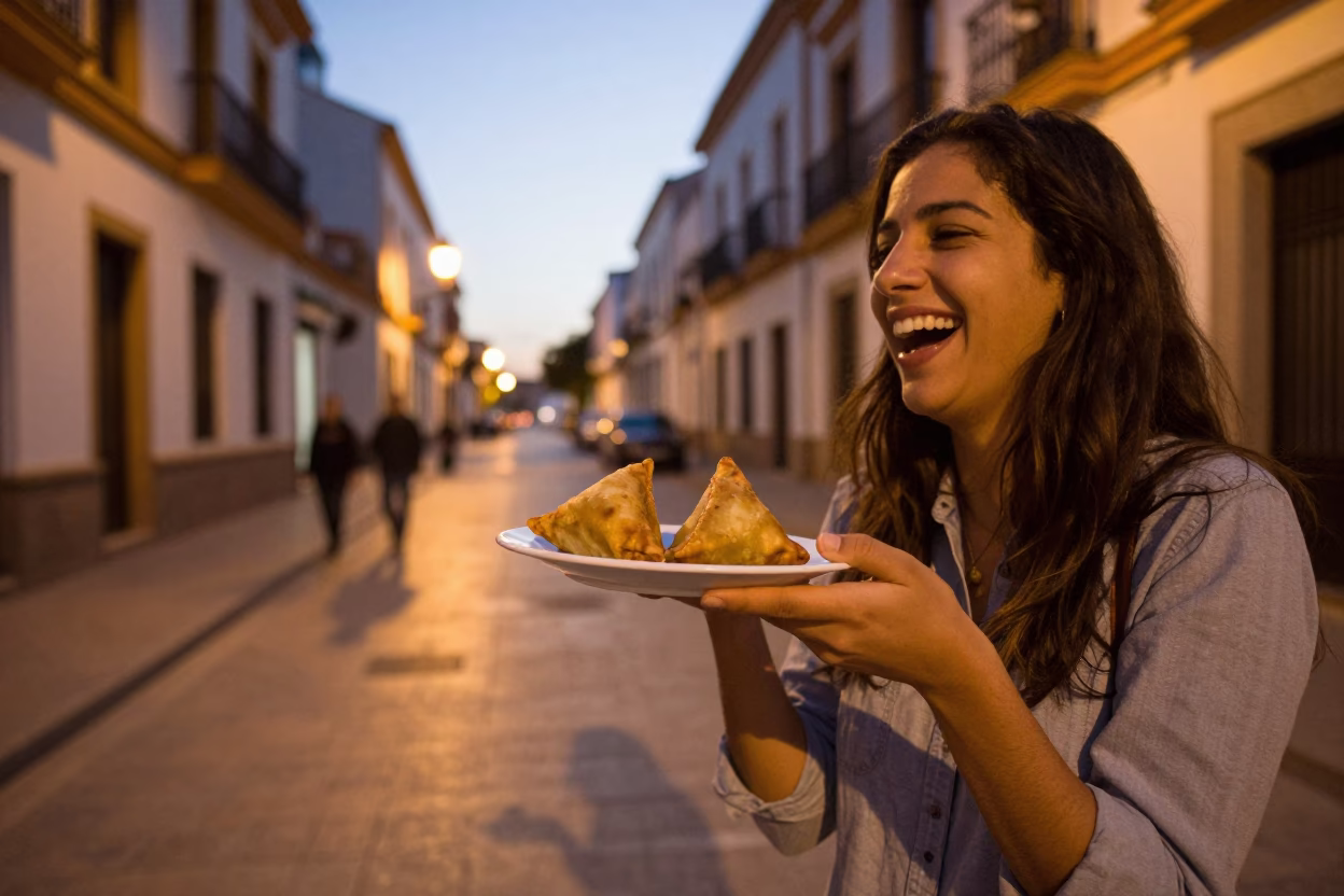 Seville Spain evening street scene with tapas plate and shadow on cobblestones in in Seville, Spain