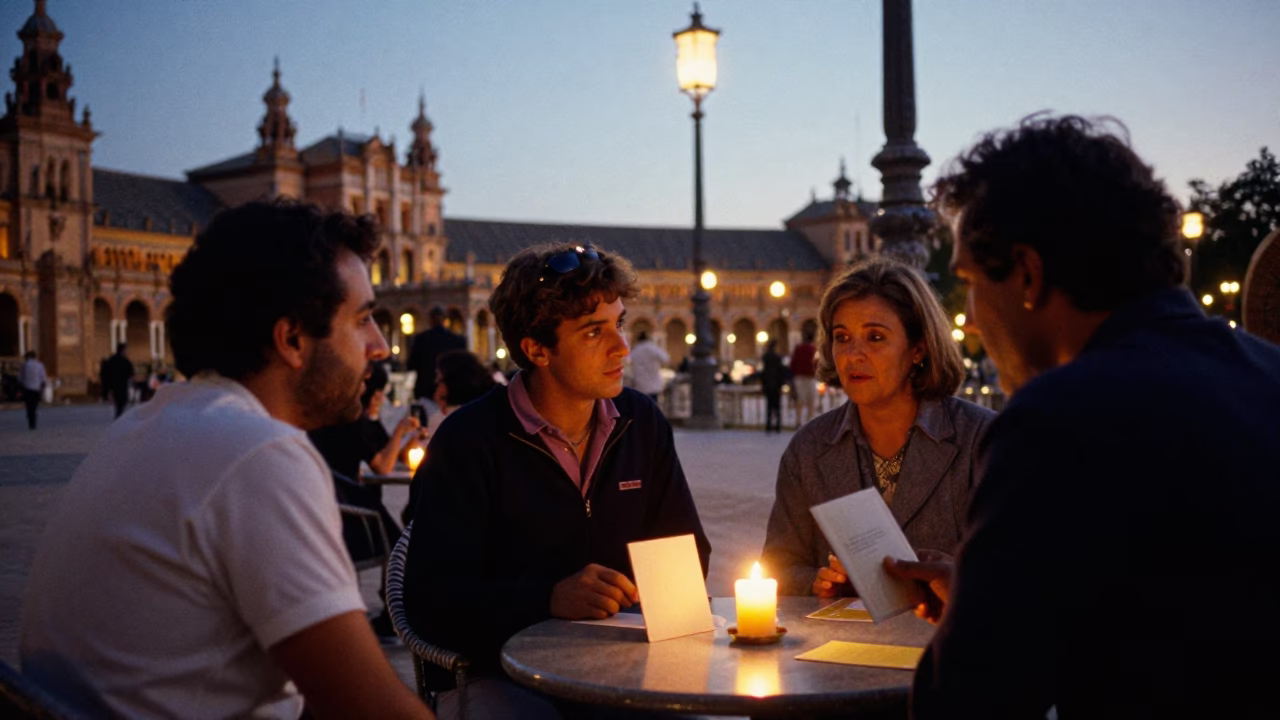 Seville Spain Evening Street Scene with Taper Candle and Card Game in in Seville, Spain
