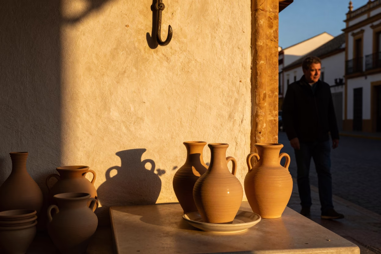 Seville Spain Evening Street Scene with Traditional Clay Pottery and Ironwork Details in in Seville, Spain