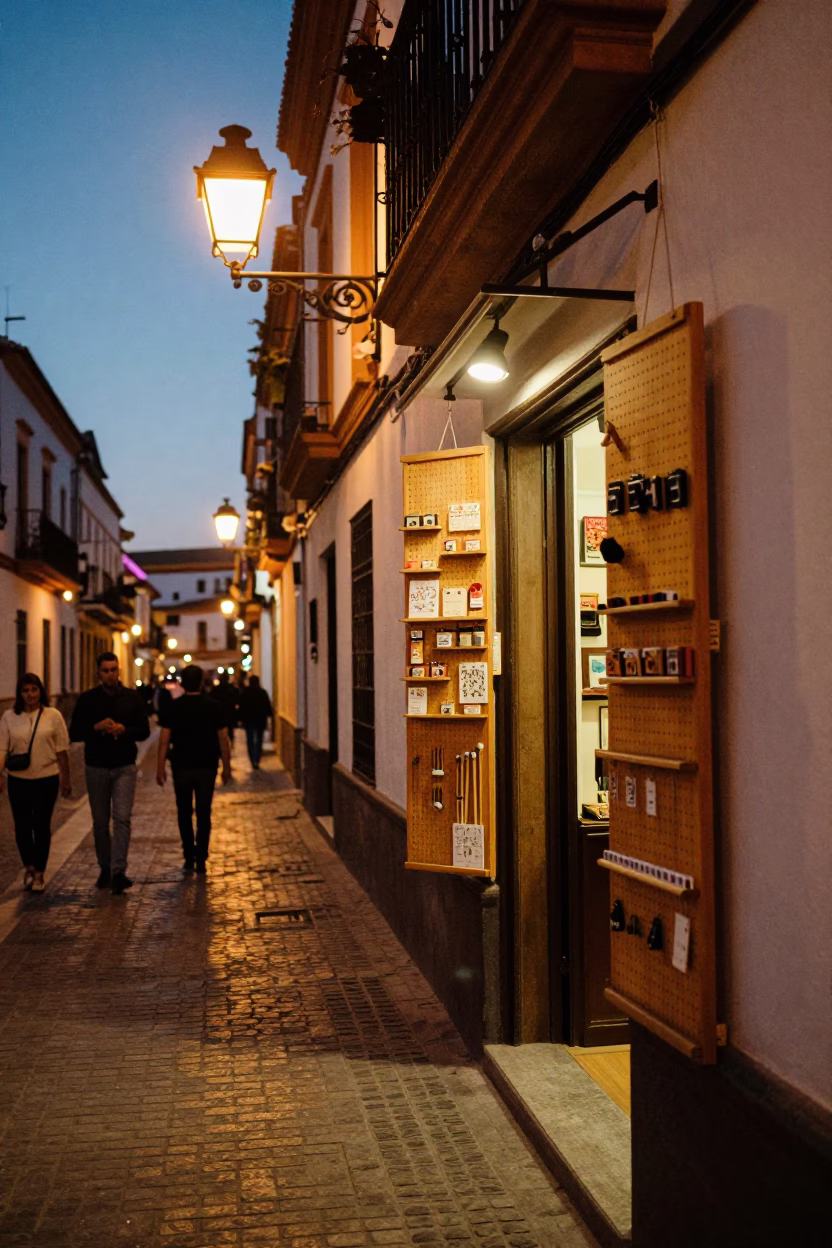 Seville Spain Evening Street Scene with Traditional Decor and Warm City Lights in in Seville, Spain