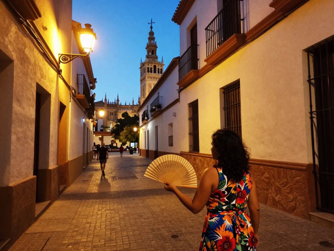 Seville Spain Evening Street Scene with Traditional Folding Fan and Warm City Lights Glow in in Seville, Spain