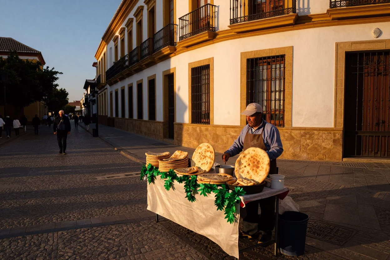 Seville Spain Evening Street Scene with Traditional Food and Local Life in in Seville, Spain
