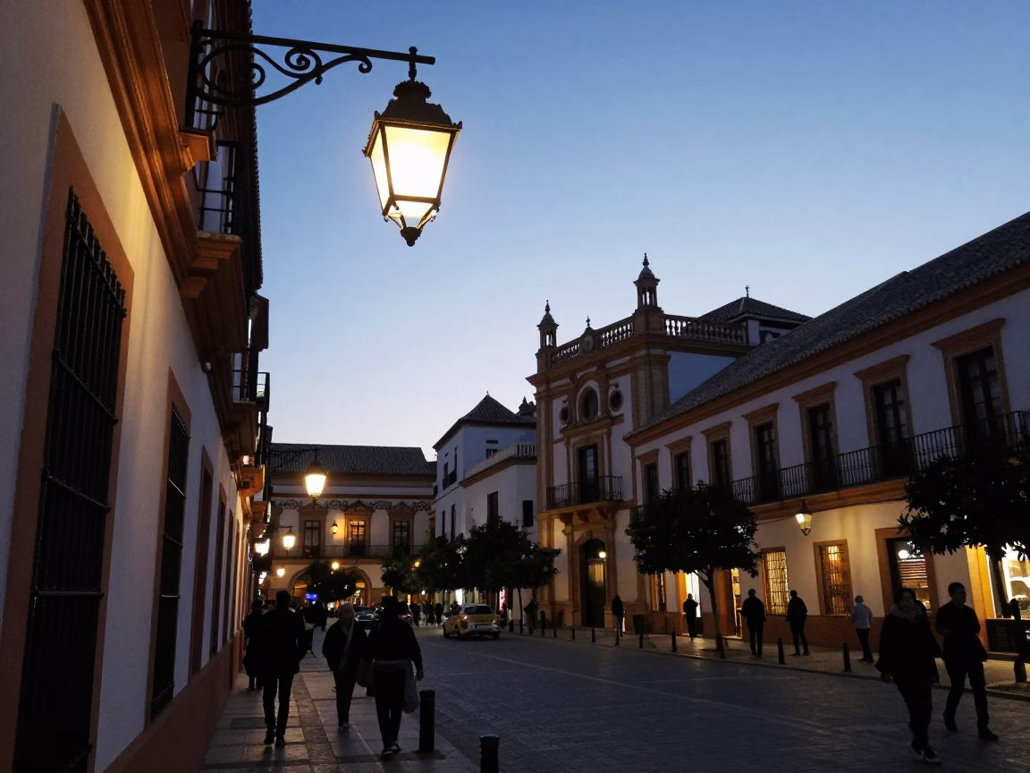 Seville Spain Evening Street Scene with Traditional Lantern and City Lights Glow in in Seville, Spain