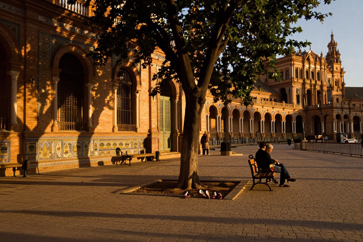 Seville Spain Evening Street Scene with Tree and Traditional Slippers in in Seville, Spain