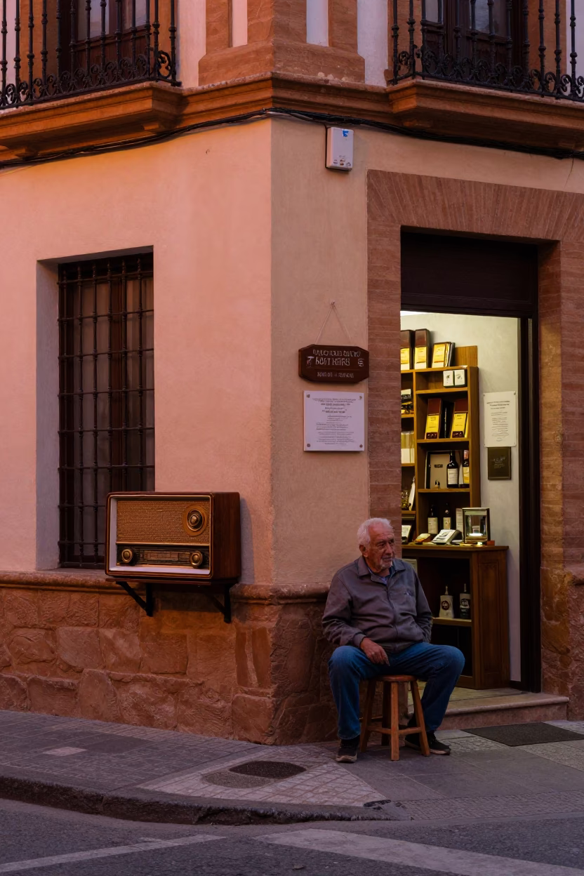 Seville Spain Evening Street Scene with Vintage Radio and Wooden Stool in in Seville, Spain